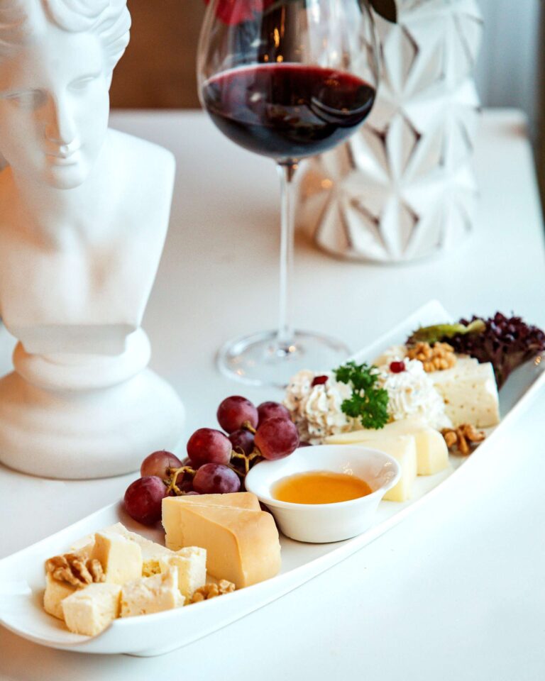 Plate With Cheeses Glass Red Wine